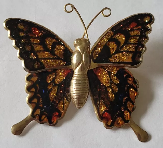 Vintage Enamel Butterfly Pin Yellow Blue & Red Gold Tone Metal Unique Brooch