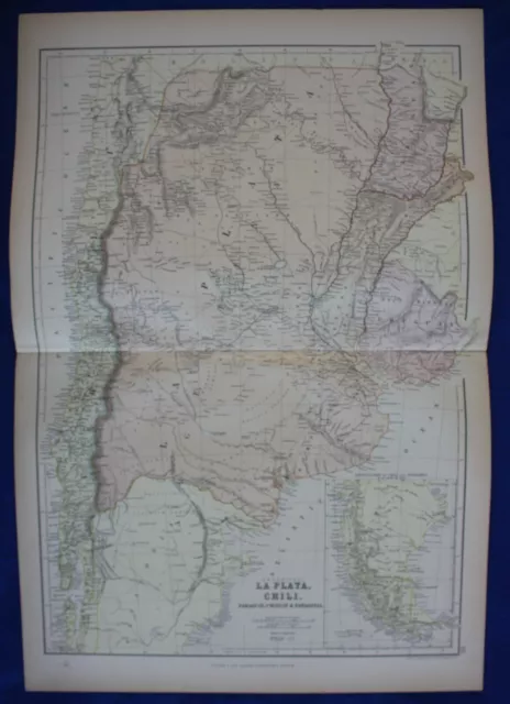 ARGENTINA, CHILE, PARAGUAY, SOUTH AMERICA, original antique map, Blackie, 1884