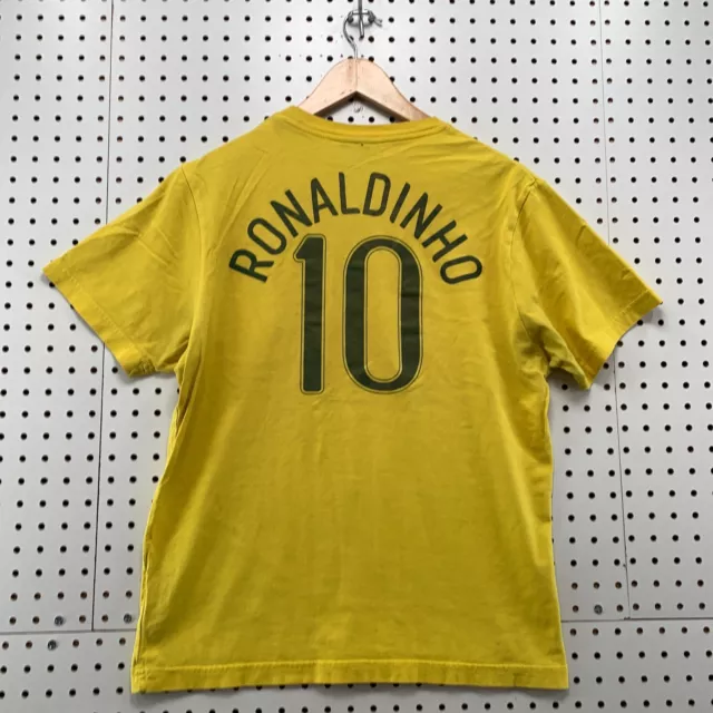 Vintage Nike Shirt Brasil #10 Ronaldinho Yellow Green fits Adult Small 19.5x25