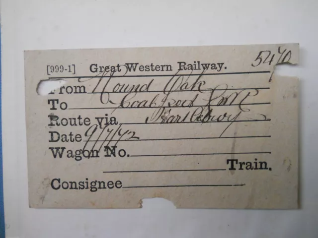 GWR Wagenetikett, von runder Eiche bis Kohleport, via Harlebury, 1872