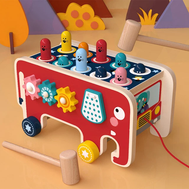 Montessori Toddlers Kids Wooden Pounding Bench Animal Bus Toys Early Educational