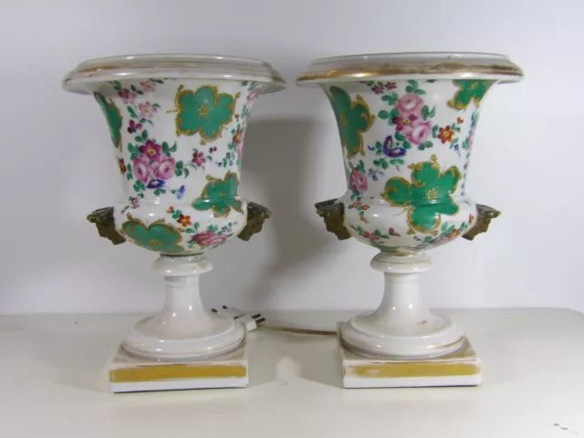 PORCELAINE DE PARIS Paire de grands Vases Lampes Medicis decor Floral XIXe