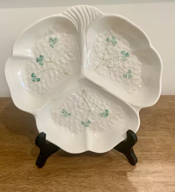 Belleek Fortunes Party Dish 1st Edition Green Clover Ireland 9.75" Stamped