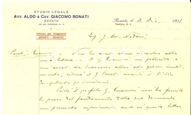 1931 ROVATO (BS) Lettera studio legale avv. Aldo & cav ...