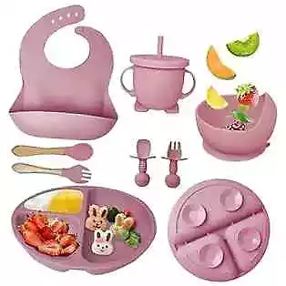 Baby Feeding Set 8 Piece | Baby Led Weaning Utensils Set Includes Dark Pink