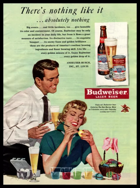 1950 Budweiser Lager Beer Bottle Coloring Eggs Easter Basket Vintage Print Ad