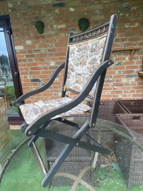 Edwardian Campaign Chair , Folding with Tapestry Seat &  Back Restoration READ 2