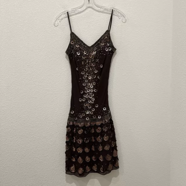 Sue Wong Nocturne Brown Silk Lined Beaded Sequin Strap Dress Great Gatsby 20s XS