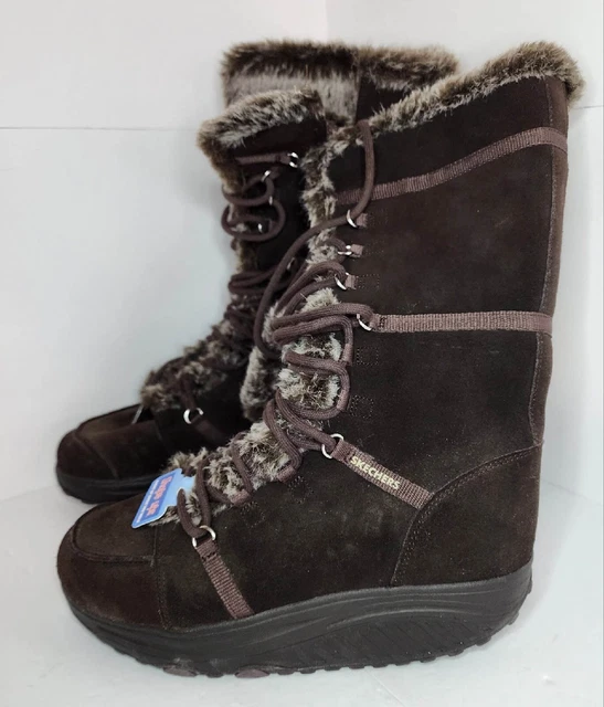 New Skechers Shape Up Boots Fur Lined Lace up Tall Brown Gray Fur Size 9