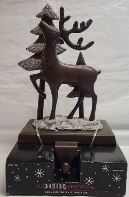 The Christmas Shoppe Deer Trees Metal Stocking Holder Farmhouse Rustic Brown