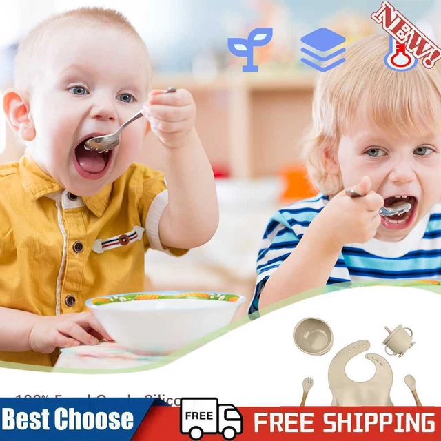 Vajilla para niños (beige) con tenedor de madera sin BPA 5 piezas