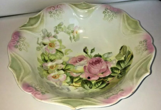 Large VTG Floral (pink roses) Bowl Made In Germany Scalloped Edges (10”).