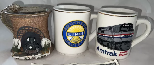 3 Coffee Mugs Railroad Train Southern Pacific Lines,Amtrak Locomotive,3D Hd Made