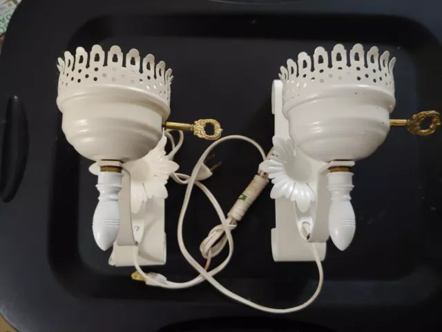 2 Vintage Toleware Sconce Wall Hanging Plug-In Lamps No Shades