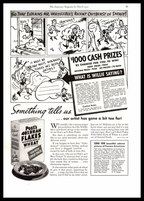 1935 Post's 40% Bran Flakes Wheat Cereal Box Mr. Whifflebee F. Fox Art Print Ad