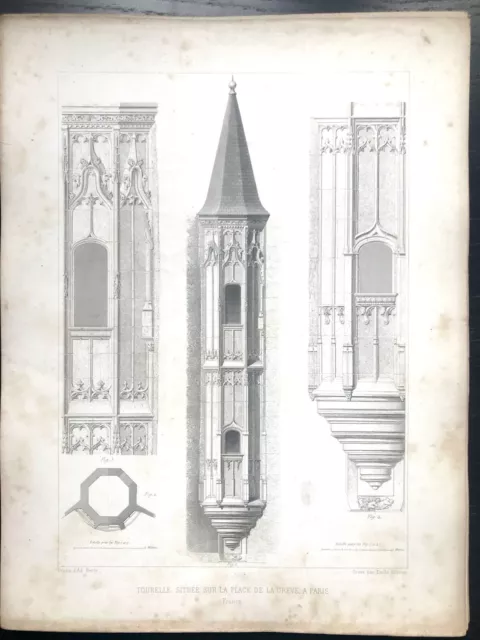 Gravure XIXe Tourelle Située Sur La Place De La Grève À Paris