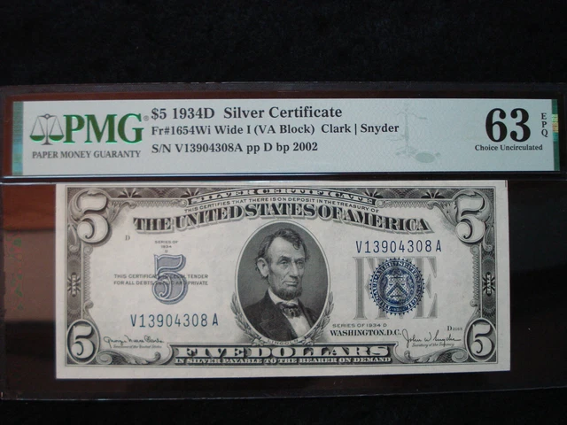 1934-D Wide 1 $5 Silver Certificate - Pmg 63 Epq
