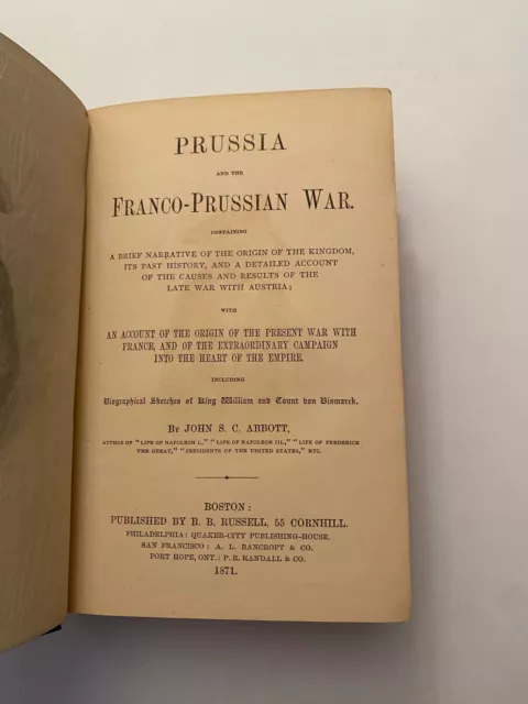 OA5) Prussia and the Franco-Prussian War by John S.C. Abbott 1871 1st Edition HC