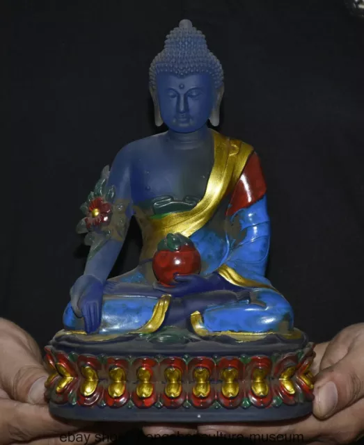 8 " Old Chinese Blue Crystal Painting Carving Amitayus auspiciou Buddha Statue