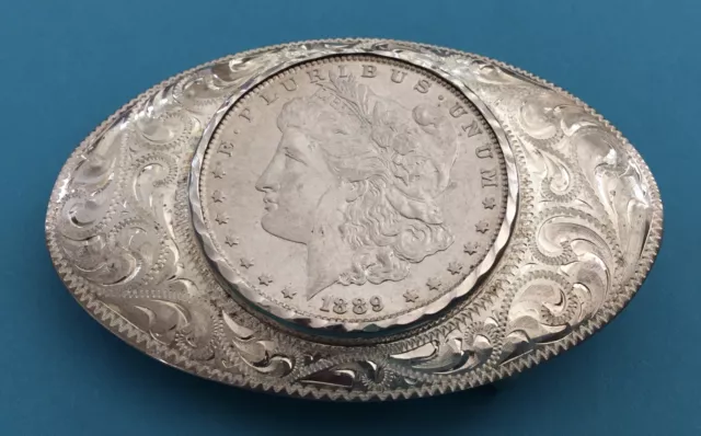 Vintage Oval Engraved Sterling Silver Smiths Reno 1889 Morgan Dollar Belt Buckle