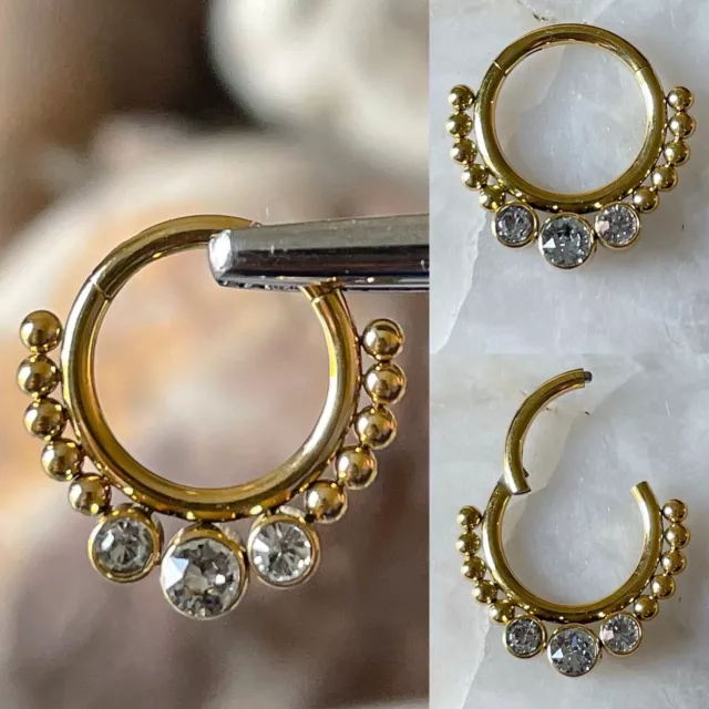 Gold Triple Gem & Beaded Hinged Septum Clicker Daith Rook Ring 1.2mm 8mm