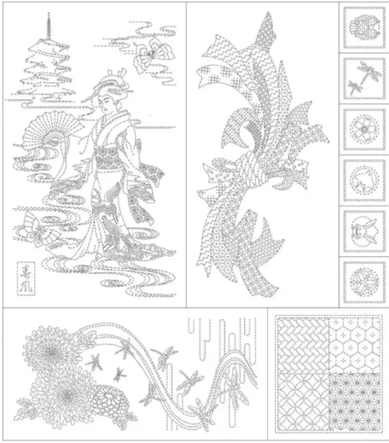 Panel Geisha en Primavera Wagara Sashiko - ¡Muchos patrones para coser! ¡4 colores!
