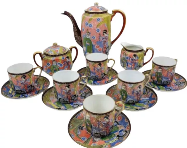 Vintage 1950s Japanese Satsuma Moriage Dragon Ware Tea Set 17 Pieces