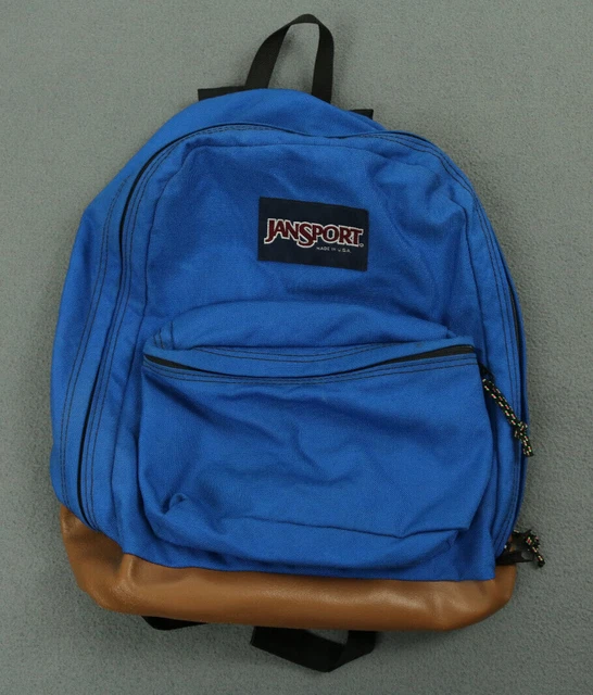 Vintage Jansport Leather Bottom Blue Backpack Made In USA