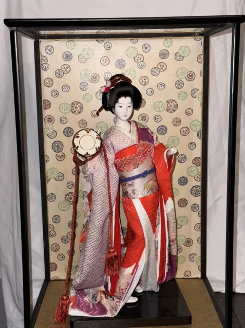 Vintage Japanese Oyama Doll 17" Silk Kimono Geisha Folk Craft W/ Glass Case