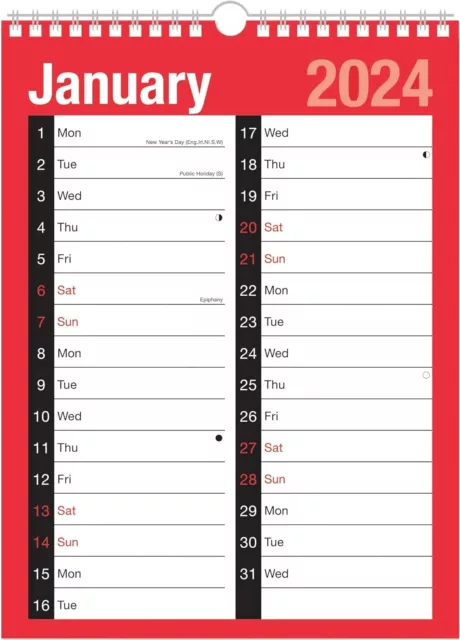 2024 Calendar A4 Large 2 Column Month To View Spiral Bound Wall Planner for Home