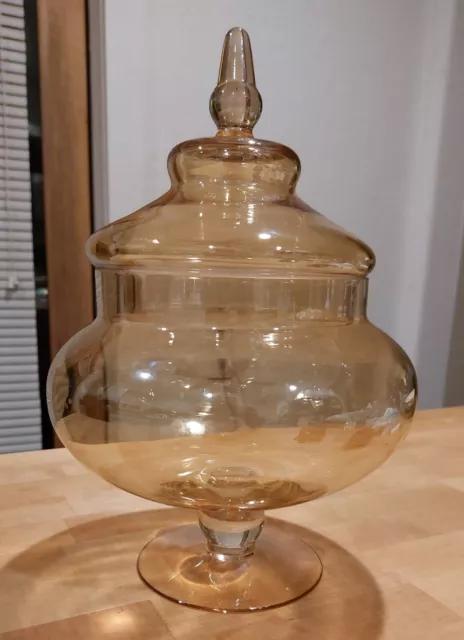 Hand Blown Circus Tent Amber/Peach Glass Apothecary Jar W Lid, 12.5" EUC