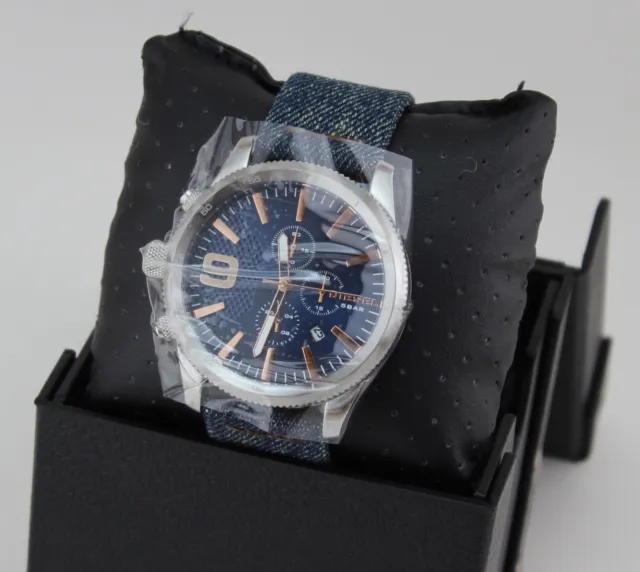 New Authentic Diesel Rasp Silver Denim Blue Left Handed Chrono Mens Dz4450 Watch