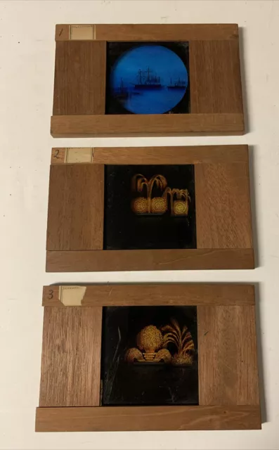 Antique Wood & Glass Magic Lantern Slides Set of 3 WC Hughes SHIP & FIREWORKS