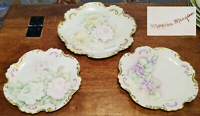 3pc Vintage Scroll Hand Painted Signed PORCELAIN PLATES Pastel Florals Use/Wall