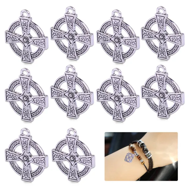 10pcs Antique Silver Tone Round Cross Pendant Necklace Charms Crafts Findings Lp