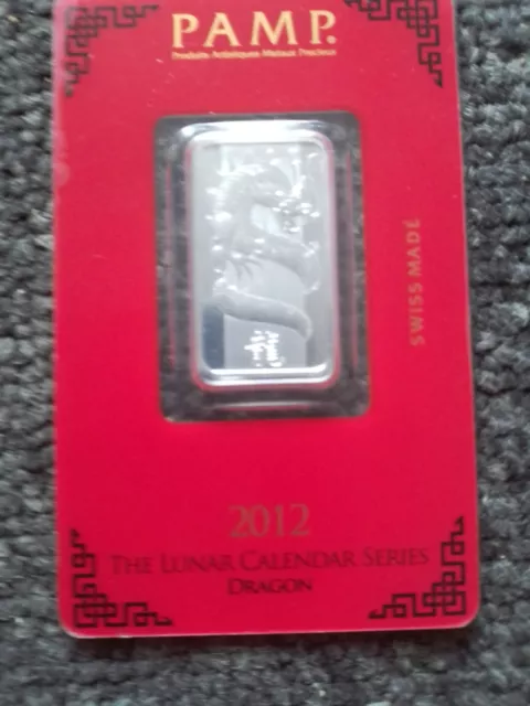 Lunar 2012 Year Of Dragon Pamp suisse Swiss Bullion 999 Silver Minted Bar 10gram