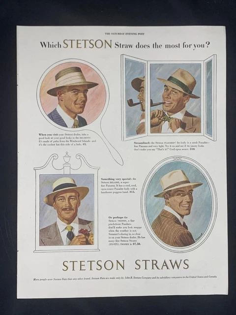 Magazine Ad* - 1948 - Stetson Straw Hats - Belmont, Flagship, Trophy, Belaire
