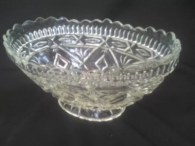 Oval serving bowl, clear crystal-style pressed glass, footed, ornate, 1950s