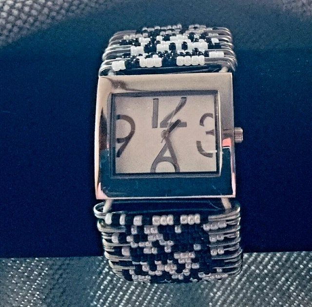 Artisan Silver Tone Safety Pin Band Glass Black/White Color Bead Stretch Watch