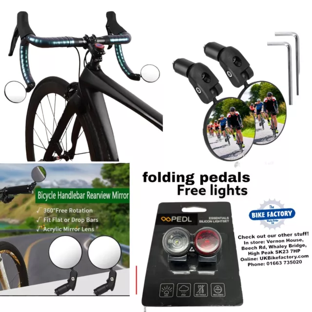 Mirror 2PCS MTB Mountain Bike Rearview Bicycle Handlebar Convex Rear Free Lights