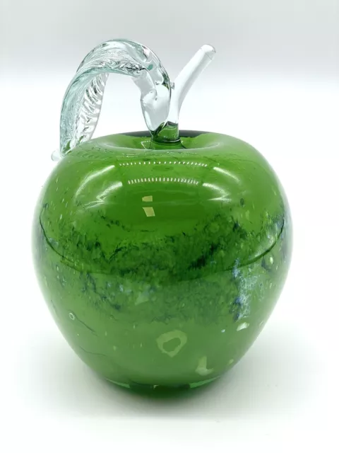 Hand Blown Studio Art Glass Green Speckled Apple Paperweight 4”