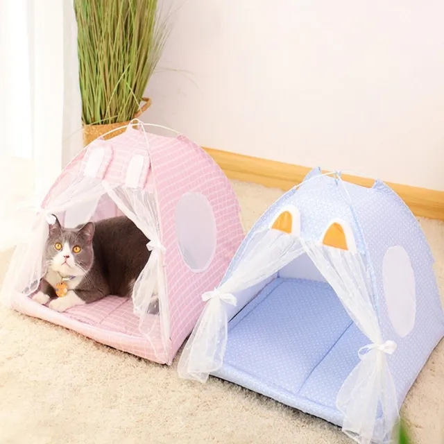 Pet Cat Dog Bed Tent House Canvas Indoor Puppy Sleeping Cave Bed w/ Cushion