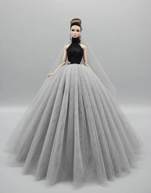 Doll Wedding Dress Long Gown Outfit High Neck Evening Party Clothes For Barbie