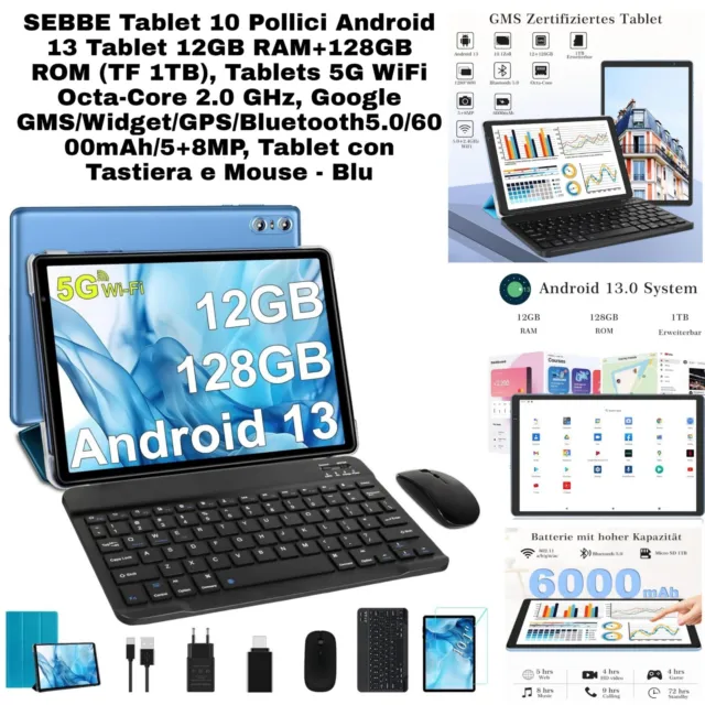 TABLET 10 ANDROID 13, 12GB RAM+128GB ROM (TF 1TB), Tablets 5G WiFi  Octa-Core EUR 124,99 - PicClick IT