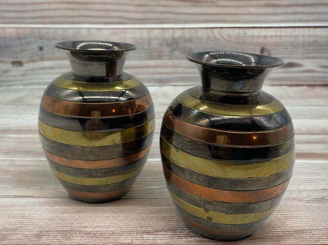 Vtg MCM Two 5” Mixed Metal Copper Brass Vases Plants Succulents Mantel Decor