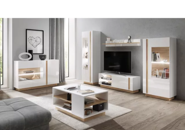 Wohnwand Schrankwand Arden Möbelset Weiß Hochglanz mit Holzoptik + Led 13