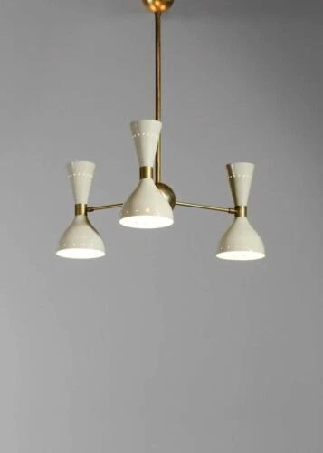 Lustre Spoutnik Style Stilnovo – 6 Lumières, Laiton Brut, Design Italien Orange, Neuf