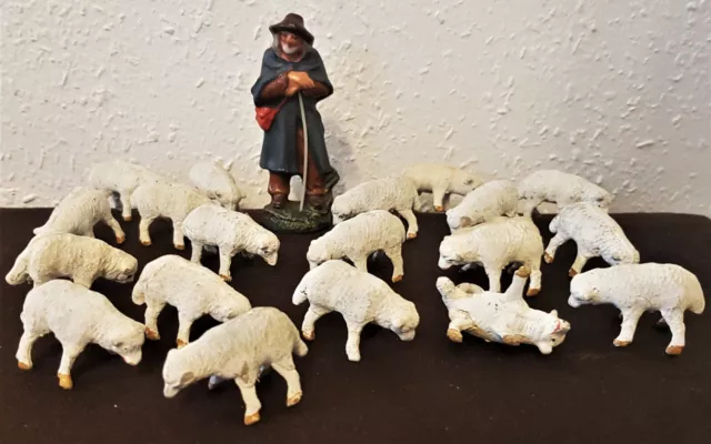 Konvolut alte Massefiguren Schafherde mit Holzbeinen 19 Schafe + 1 Schäfer