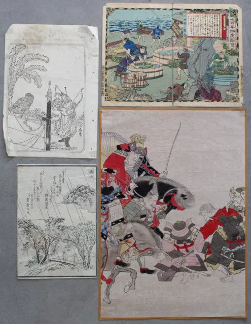 4 Japanese Meiji Edo Woodblock Print and Ehon Samurai Horse Falcon Fish 19th C