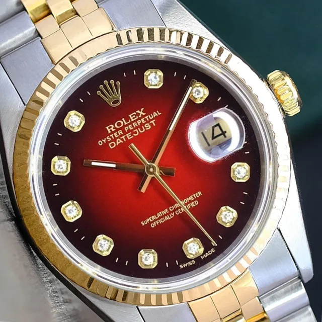 Rolex Mens Datejust  16233 18K Yellow Gold Steel Red Diamond Dial 36Mm Watch